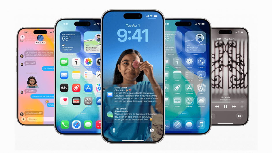 Vijf moderne smartphones naast elkaar tonen kleurrijke schermen met berichten, weer, widgets, foto en muziekinterface.
