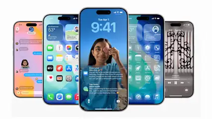 Five modern smartphones side by side show bright screens with messages, weather, widgets, photo and music interface.