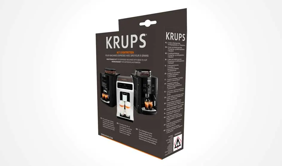 Een zwarte doos van het merk Krups met onderhoudskit voor espressomachines, inclusief afbeeldingen van verschillende koffiemachines.
