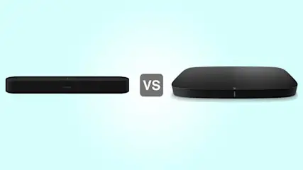 Comparison image showing a black soundbar on the left, soundbase on the right, with a VS sign on a pale blue background.
