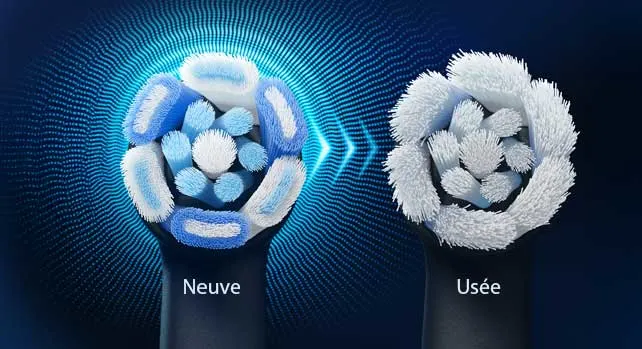 Afbeelding van twee elektrische tandenborstelkoppen: links een nieuwe met strakke blauwe borstels, rechts een versleten kop met uitgewaaierde haren.
