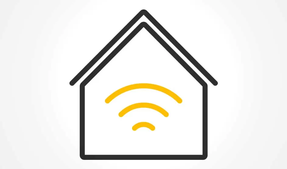 Een minimalistisch pictogram van een huis met zwarte contouren, met in het midden drie gele wifi-bogen op een lichte achtergrond.
