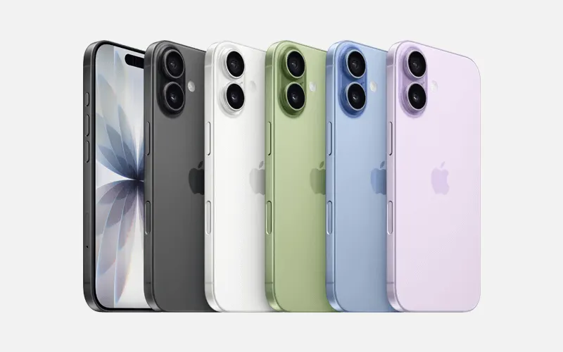 Zes smartphones in zwart, wit, groen, blauw en paars, schuin opgesteld met dubbele camera’s.