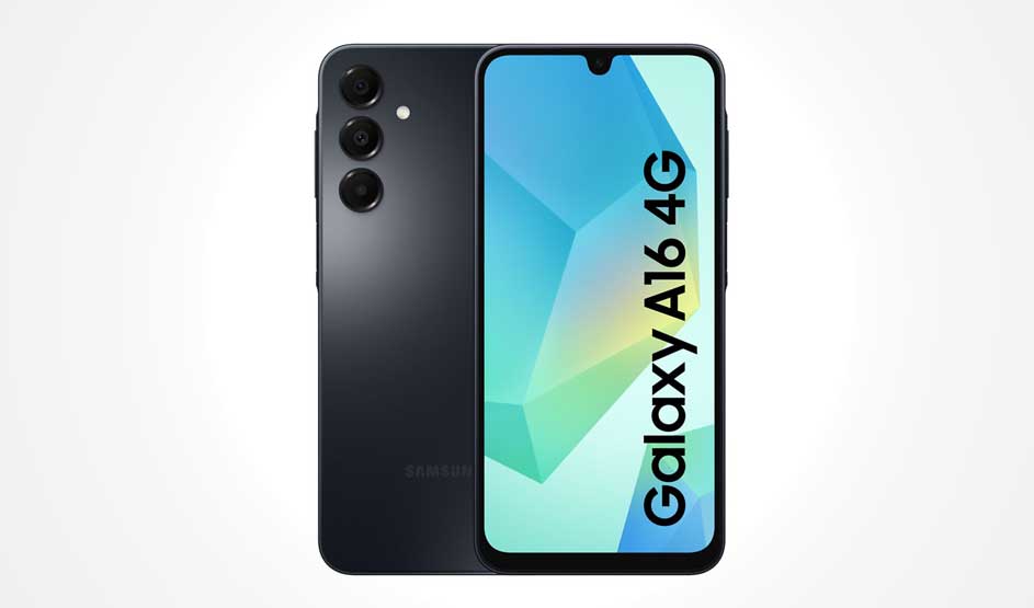 Een zwarte Samsung Galaxy A16 4G smartphone met drie camera's achterop en een kleurrijk scherm met blauwe en groene tinten.