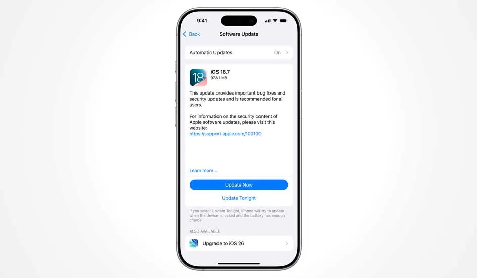 An iPhone displays the iOS 18.7 update page, offering options to install immediately or schedule the software upgrade for tonight.