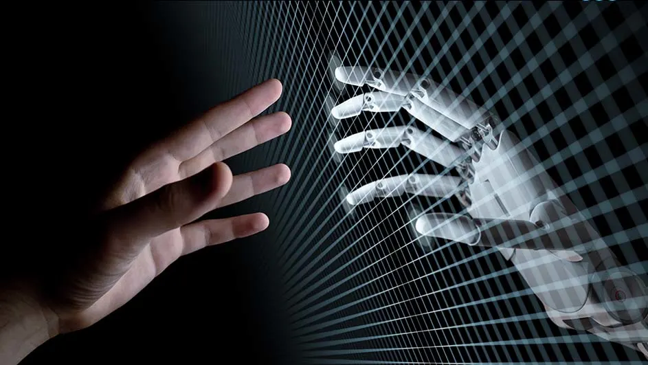 Een mensenhand en een robot hand met een raster op een zwarte achtergrond.