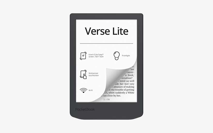 Een donkere PocketBook Verse Lite toont een e-ink scherm met pictogrammen, functies en een omgeslagen hoek.