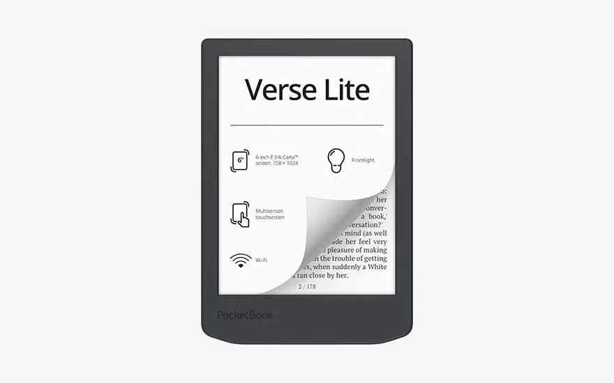 Een donkere PocketBook Verse Lite toont een e-ink scherm met pictogrammen, functies en een omgeslagen hoek.
