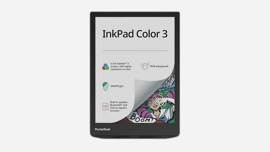 Een zwarte e-reader toont de tekst "InkPad Color 3" en een gedeeltelijke afbeelding van een stripboek. Het apparaat is van PocketBook.