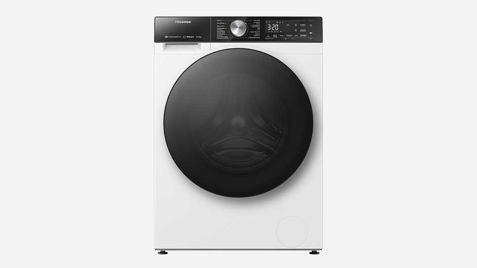White Hisense front load washing machine with a large dark glass door, digital display, programme dial and detergent drawer in a sleek design.