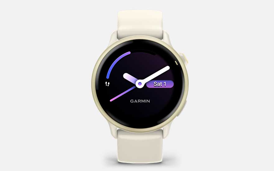 A stylish beige Garmin vívoactive 6 smartwatch with a sleek analogue dial displays the day and activity progress in a modern minimalist style.