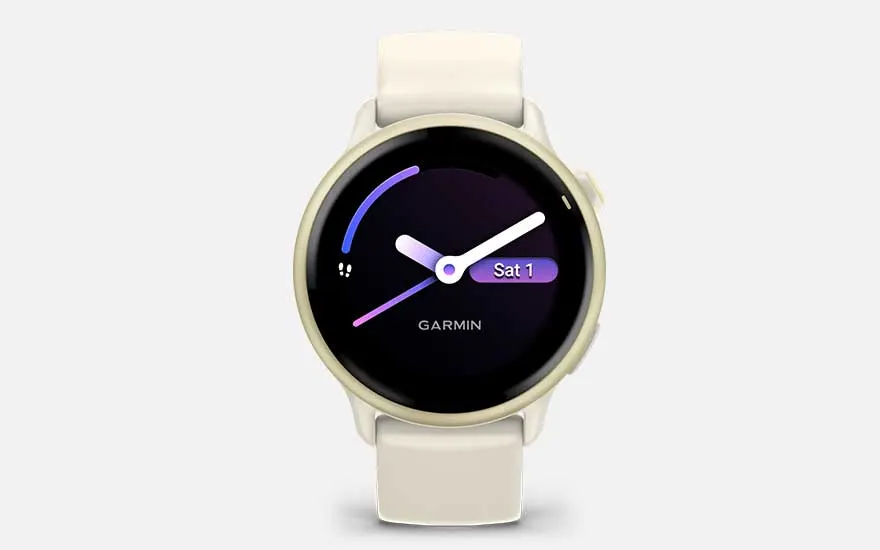A stylish beige Garmin vívoactive 6 smartwatch with a sleek analogue dial displays the day and activity progress in a modern minimalist style.