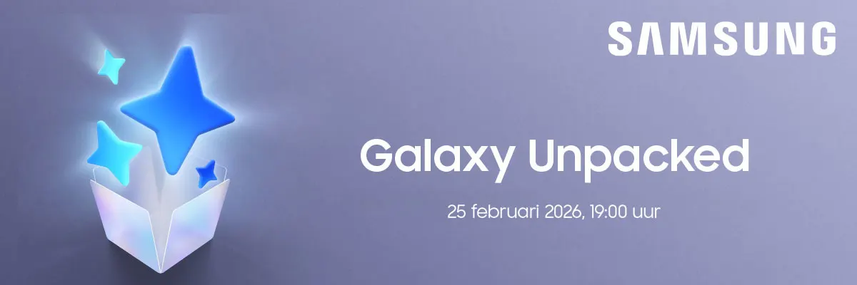 Samsung-banner met de tekst “Galaxy Unpacked” en “25 februari 2026, 19:00 uur”, met een open doos waar blauwe sterren uit omhoog zweven op een paarse achtergrond.