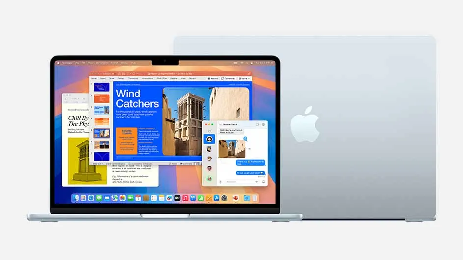 Zilveren laptop met geopende scherm met apps en een berichtvenster. Gesloten laptop met Apple logo op de achtergrond.