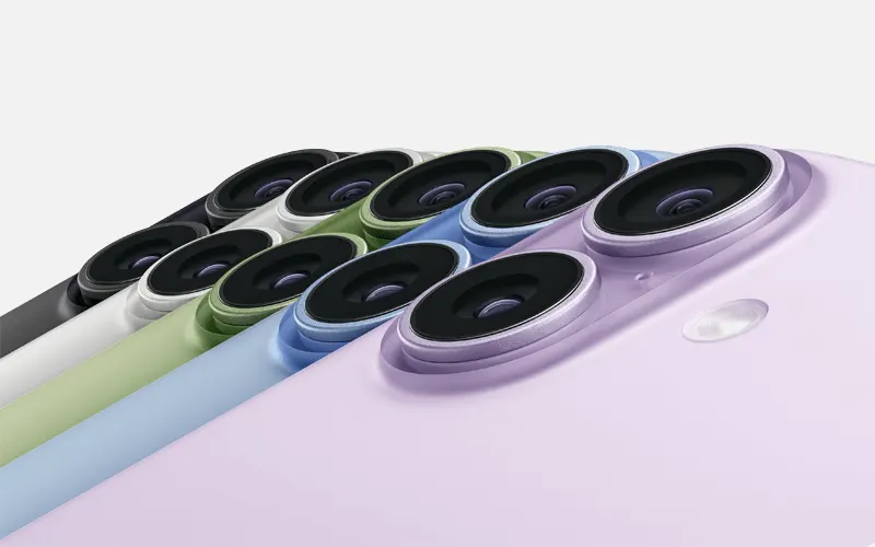 Rows of colorful smartphone backs with dual cameras and a flash in purple, blue, green, white, and black.