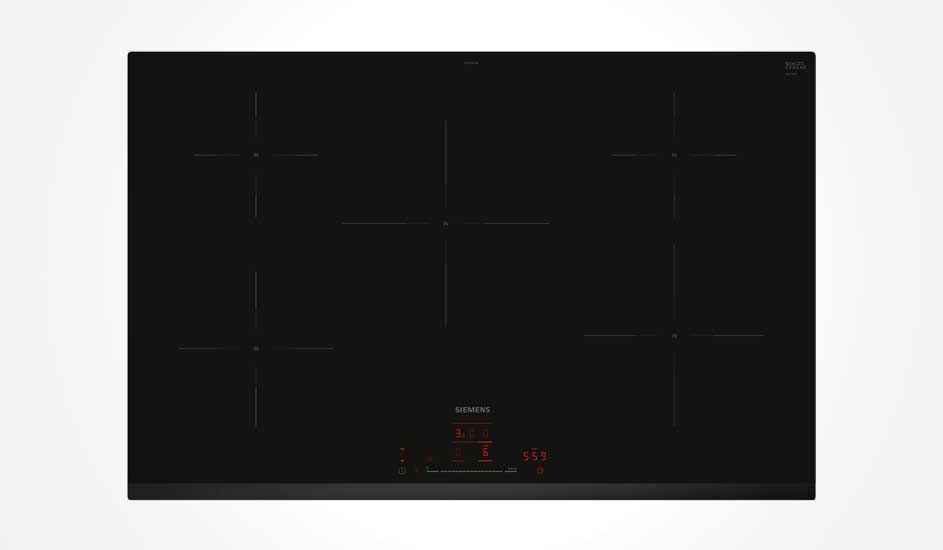 Een zwarte Siemens-inductiekookplaat met vijf subtiel gemarkeerde kookzones en rode touchbediening onderaan, vrijstaand tegen witte achtergrond.