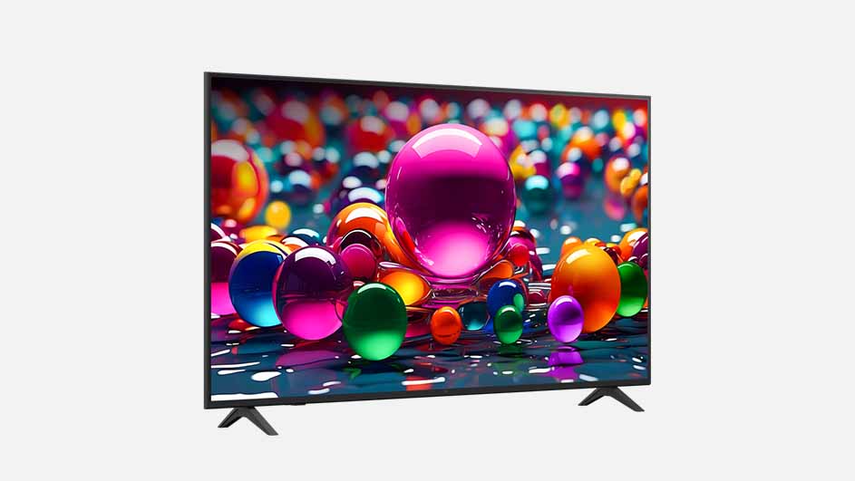 LG-televisie met kleurrijke bollen op het scherm, gezien vanuit een vooraanzicht.