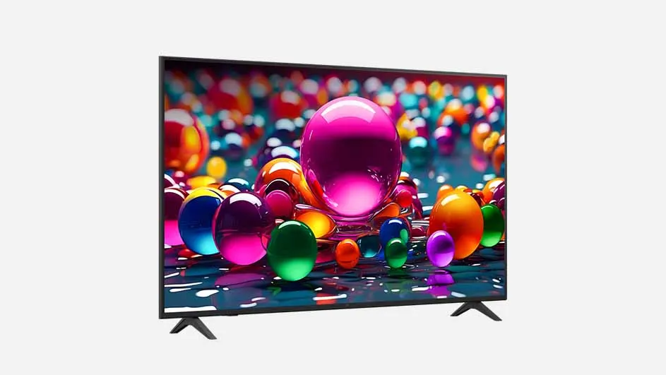 LG-televisie met kleurrijke bollen op het scherm, gezien vanuit een vooraanzicht.