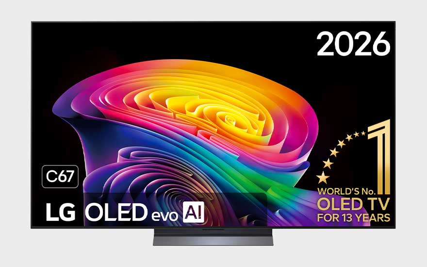 Een LG OLED evo AI-televisie toont een kleurrijk abstract patroon, met modelinformatie en jaartal duidelijk in beeld.