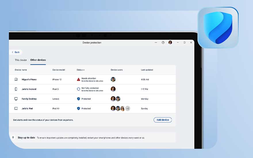A security dashboard displays the status of several devices, including phones, desktop and tablet, all in a modern interface.
