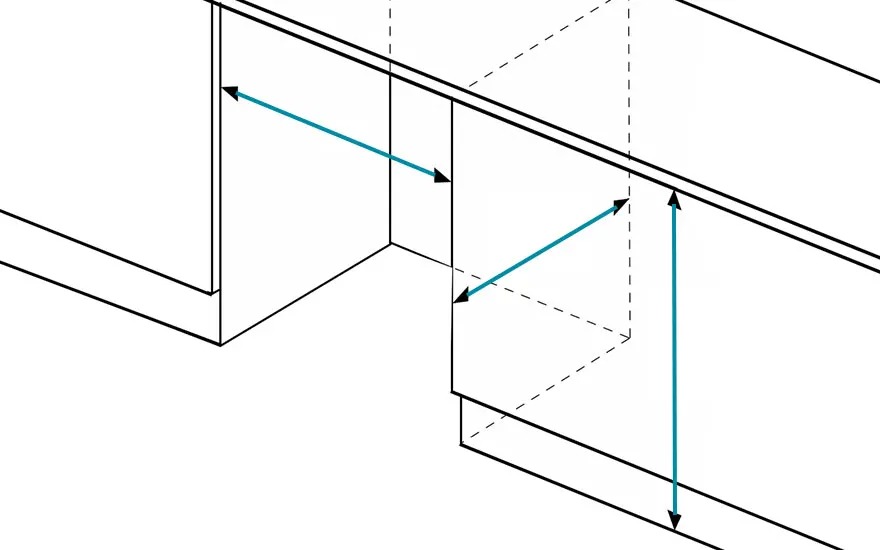 Een zwart-witte lijntekening toont een object met blauwe pijlen die afmetingen aangeven. Sommige lijnen zijn gestippeld.