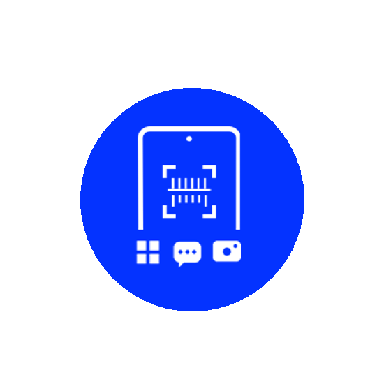Blauwe cirkel met een wit pictogram van een smartphone die een QR-code scant en menu-, chat- en camera-opties.