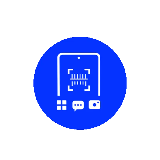 Blauwe cirkel met een wit pictogram van een smartphone die een QR-code scant en menu-, chat- en camera-opties.