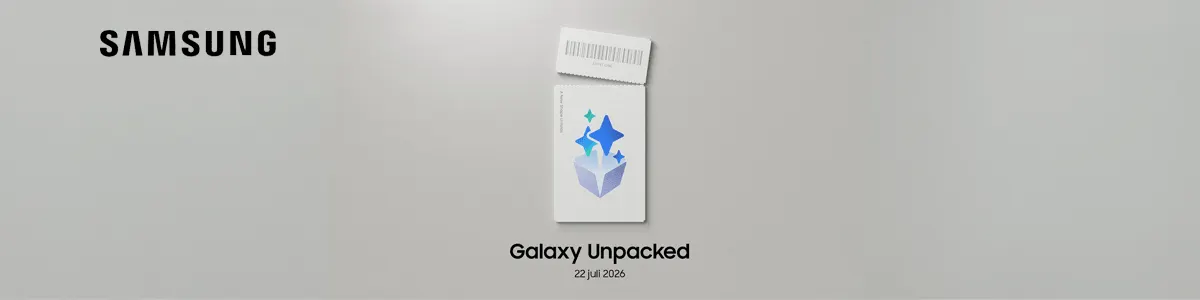 Samsung banner for Galaxy Unpacked on July 22, 2026, with an open white box in the center.