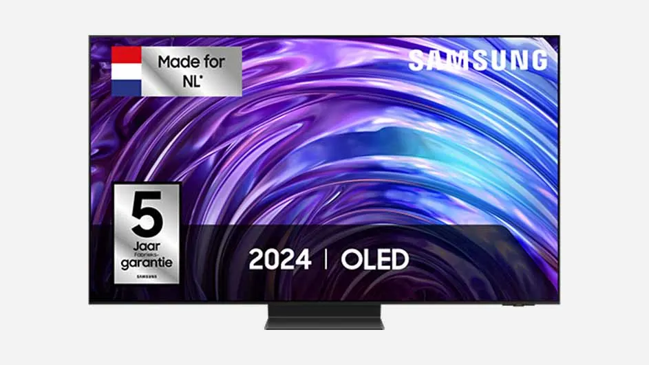 Een Samsung OLED-tv met een paars-blauwe achtergrond en tekst. "Made for NL", "5 Jaar garantie" en "2024 | OLED" staan vermeld.