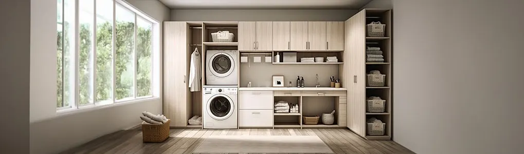 A laundry room features a stacked washer and dryer, light wood cabinets, shelves, a sink, and a large window.