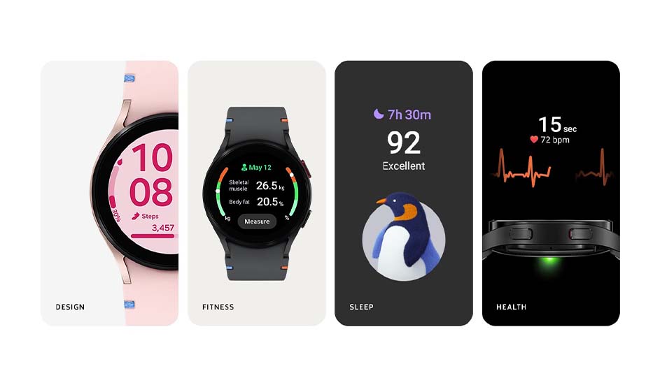 Vier schermen met een smartwatch: ontwerp, fitness, slaap en gezondheid. Elk scherm toont data zoals stappen, hartslag en slaapduur.