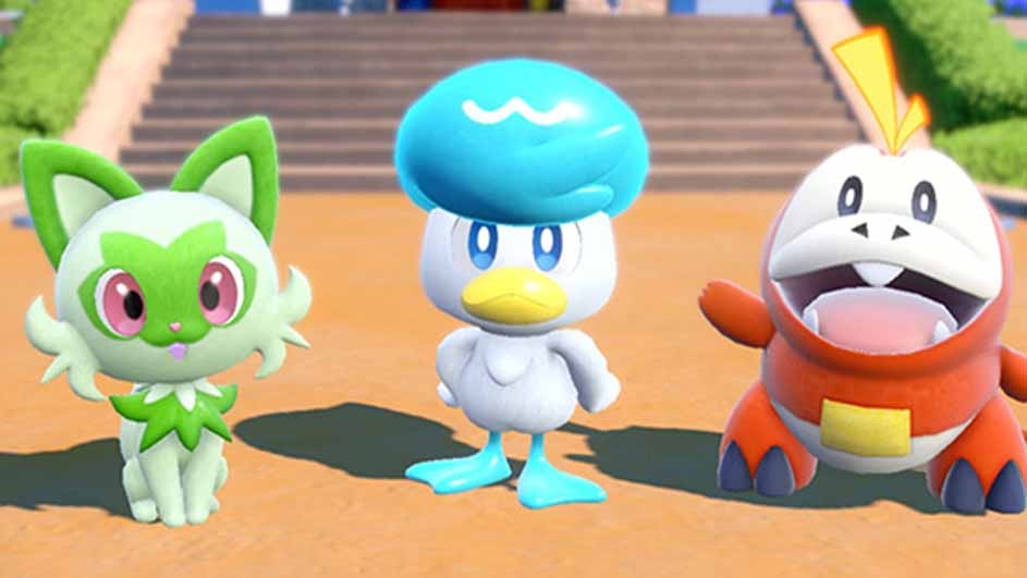 Three cartoon creatures stand side-by-side. Left: a green and white cat-like figure. Center: a white duck with a blue, wavy cap. Right: a red crocodile-like figure.