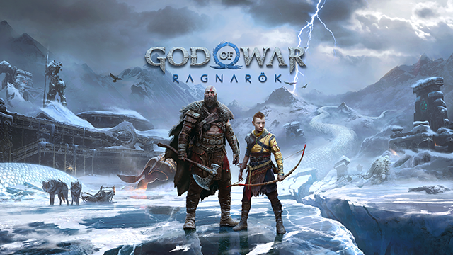 Het beeld toont de 'God of War Ragnarök' game cover, met twee personages in een winterse omgeving met bergen en bliksem.
