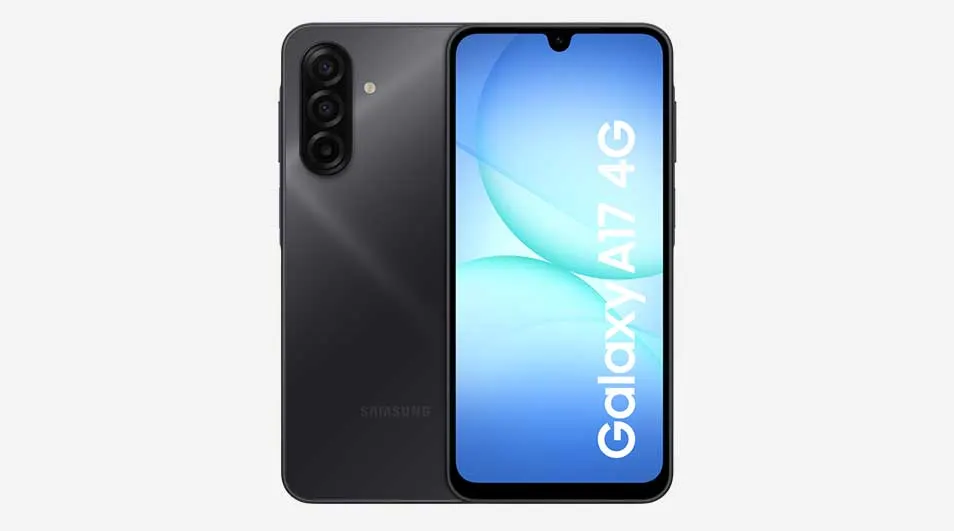 Black Samsung Galaxy A17 4G phone with triple rear camera column and a bright blue display showing the text Galaxy A17 4G vertically in white.