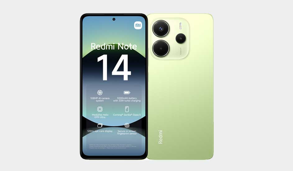 Een groene Xiaomi Redmi Note 14-smartphone met groot display en dubbele camera, modern vormgegeven en duidelijk merklogo zichtbaar.
