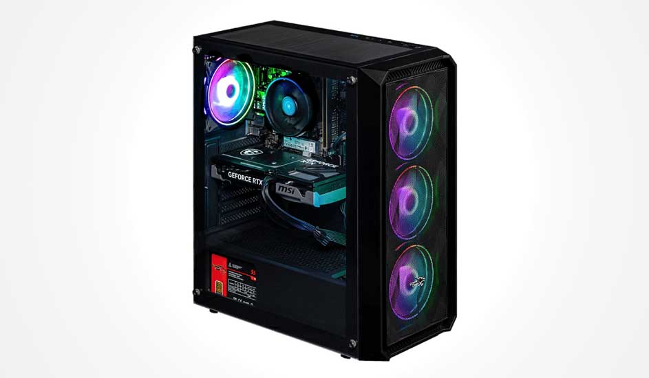 Een krachtige desktop-pc met transparant zijpaneel toont RGB-verlichting, een MSI GeForce RTX videokaart en meerdere kleurrijke ventilatoren.