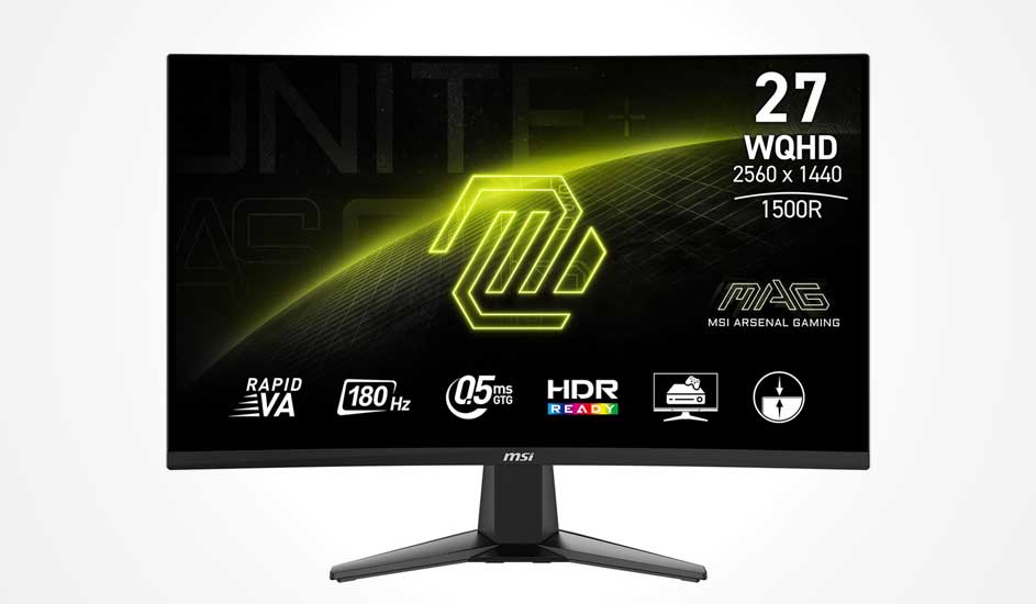 27-inch curved MSI gaming monitor with WQHD resolution, 180 Hz refresh rate, 0.5 ms response time and HDR support for smooth gaming.