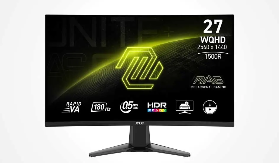 27-inch curved MSI gaming monitor with WQHD resolution, 180 Hz refresh rate, 0.5 ms response time and HDR support for smooth gaming.