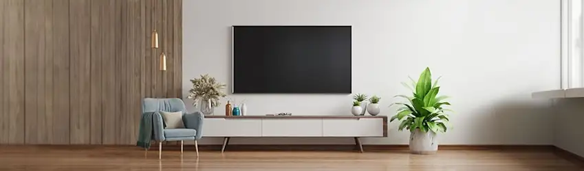 Living room with a TV above a console, a blue armchair, and a plant near a window.