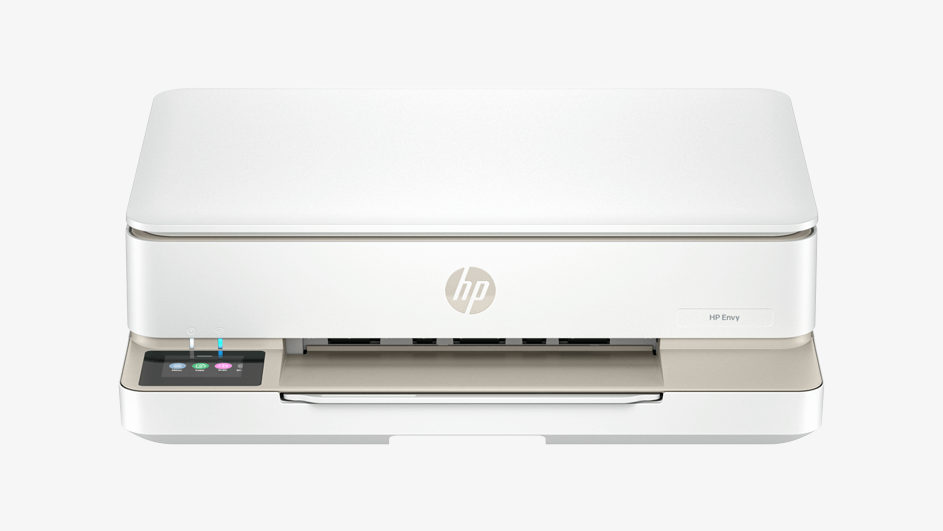 Een witte HP-printer met bedieningspaneel aan de voorkant.