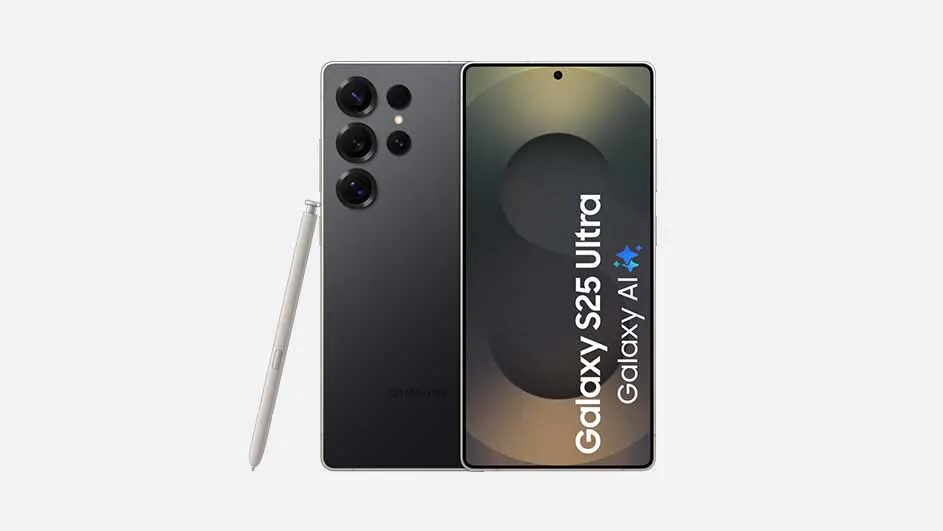 Twee telefoons, een zwarte met camera's en een scherm met "Galaxy S25 Ultra Galaxy AI". Een witte pen ligt links.