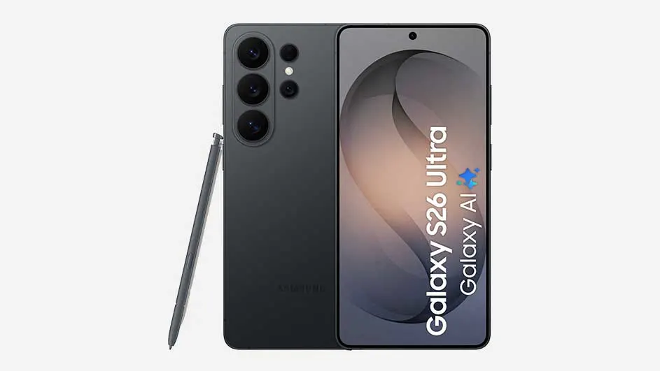 Black Samsung Galaxy S26 Ultra with S Pen, rear quad camera and large front display showing the text “Galaxy S26 Ultra Galaxy AI”.