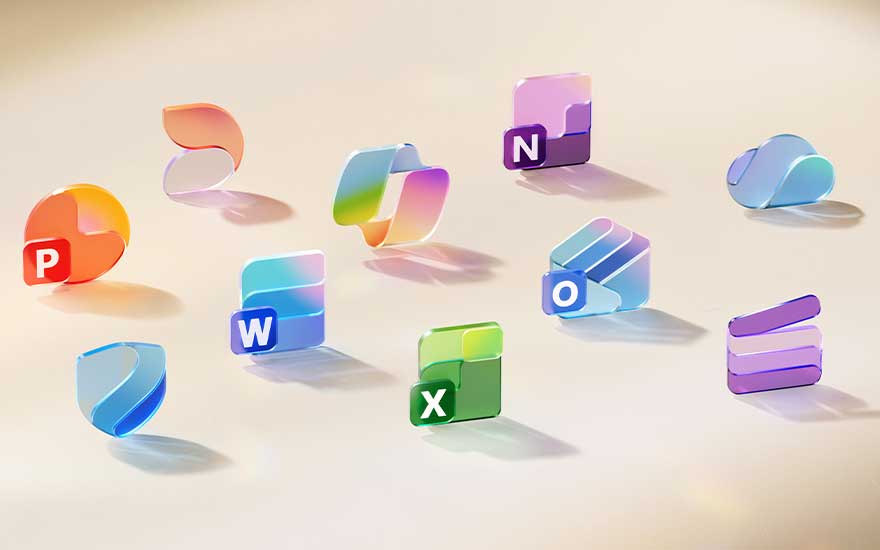 Colourful 3D icons of Microsoft 365 apps like PowerPoint, Word, Excel and OneNote stand playfully on a soft backdrop with pastel lighting.
