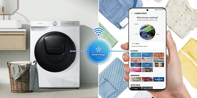 Wasmachine, wasmand en een hand met een telefoon. De telefoon toont een app met wasvoorschriften.