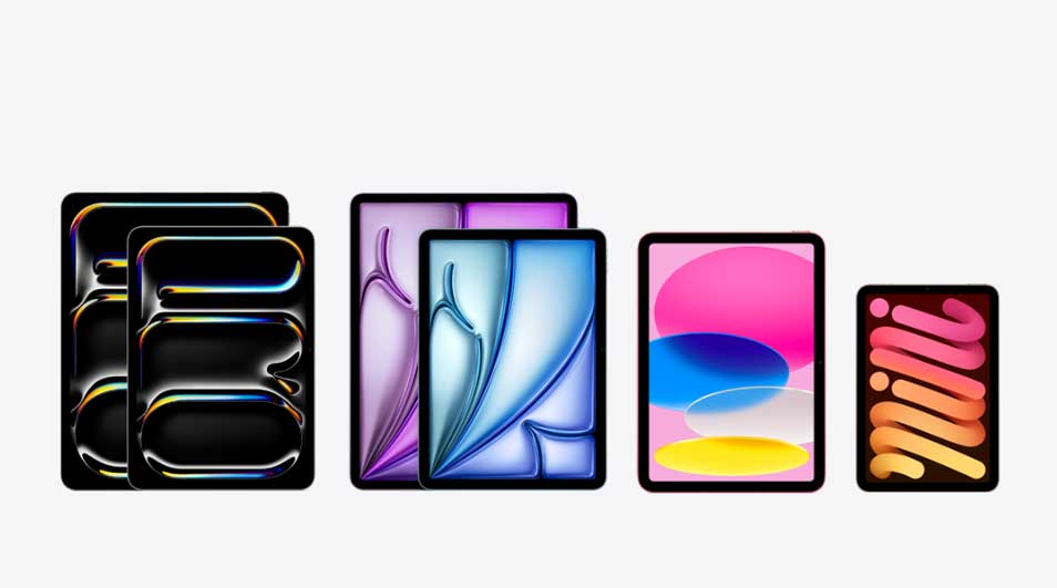 Op de afbeelding staan vijf verschillende Apple iPads, elk met een uniek en kleurrijk schermdesign, waaronder ook een iPad mini aan de rechterkant.