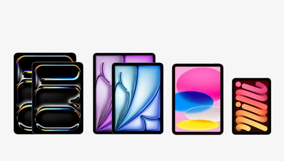 Op de afbeelding staan vijf verschillende Apple iPads, elk met een uniek en kleurrijk schermdesign, waaronder ook een iPad mini aan de rechterkant.