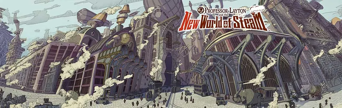 A vast steam-powered city with grand halls, airships and smoking chimneys sprawls around a busy square filled with people and trams.