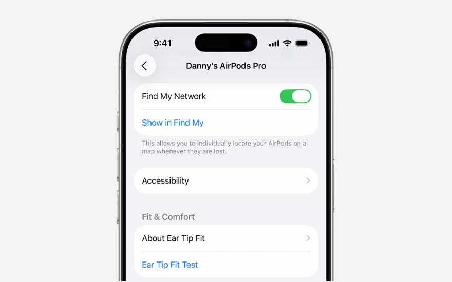 Smartphone settings for AirPods Pro display the Find My network switch, accessibility options and menus focused on fit and wearing comfort.