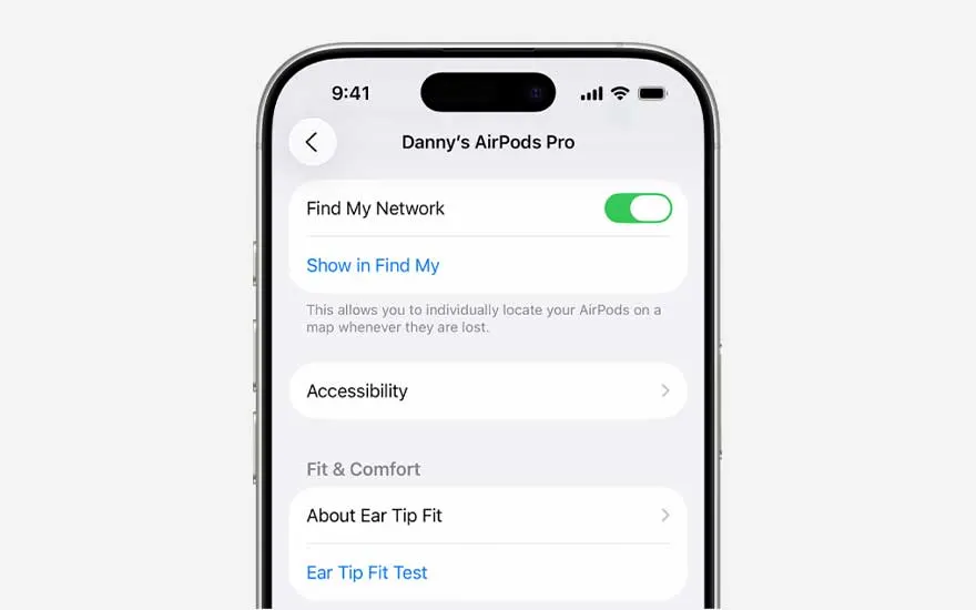 Smartphone settings for AirPods Pro display the Find My network switch, accessibility options and menus focused on fit and wearing comfort.