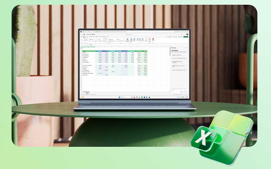 A laptop on a green table displays an Excel spreadsheet with columns and rows visible, running on Microsoft Excel.